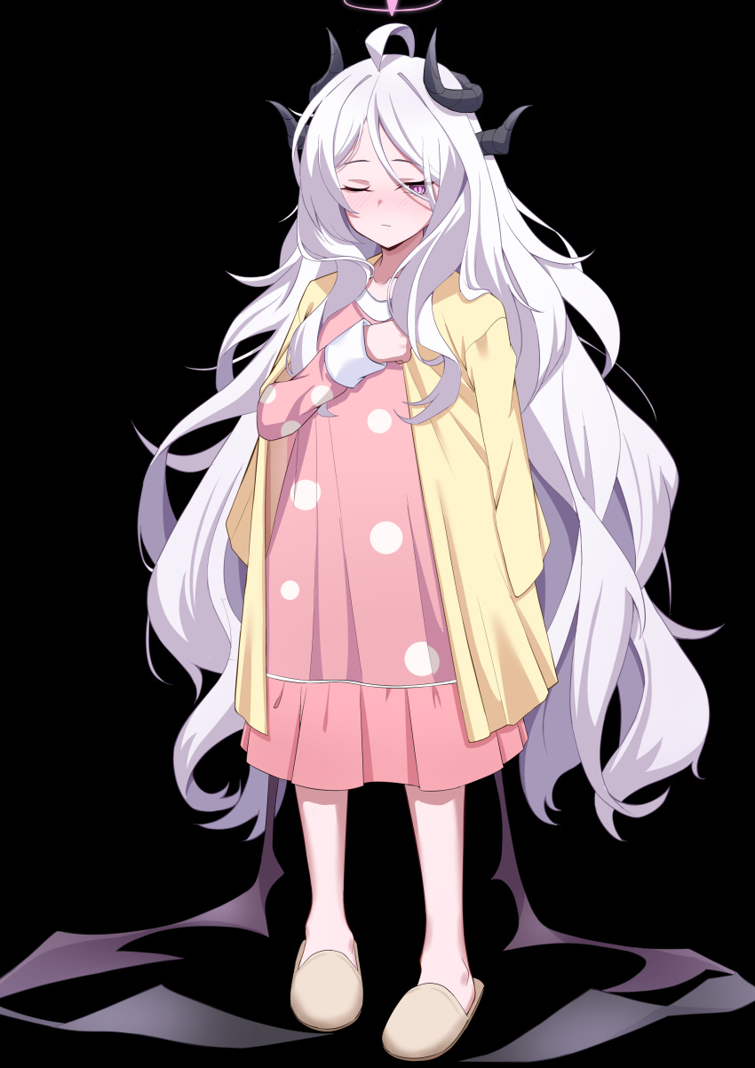 1girl, absurdres, ahoge, black_background, blue_archive, blue_pajamas, commentary_request, demon_girl