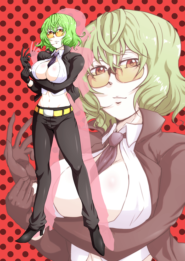 bespectacled, between_breasts, breasts, capcom, cleavage, cosplay, crimson_viper, crimson_viper_(cosplay), glasses, gloves, green_hair, kazami_yuuka, large_breasts, midriff, necktie, polka_dot, polka_dot_background, red_eyes, sagattoru, short_hair, solo, street_fighter, street_fighter_iv, touhou, zoom_layer