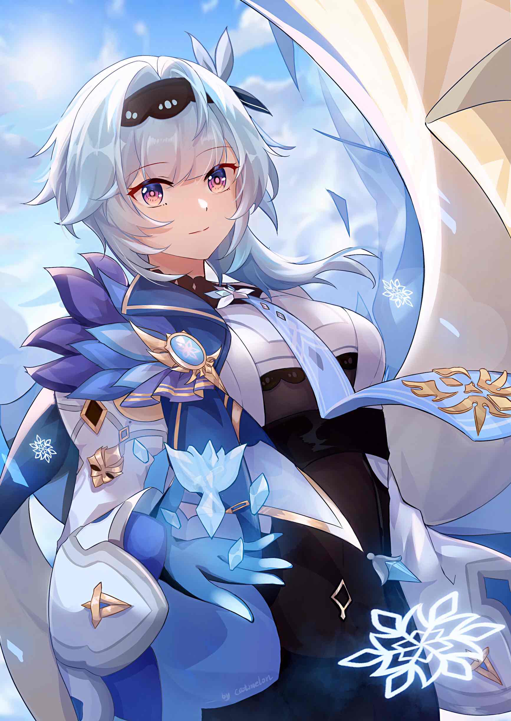 1girl, absurdres, black_hairband, black_headband, black_leotard, blue_cape, blue_gloves, blue_hair