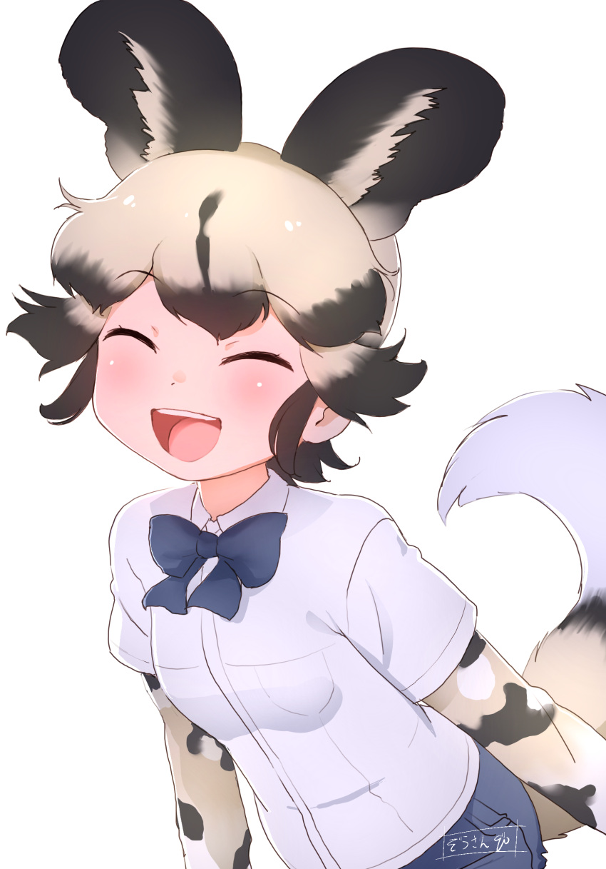 1girl, african_wild_dog_(kemono_friends), african_wild_dog_print, animal_ears, blush, bow, bowtie, closed_eyes