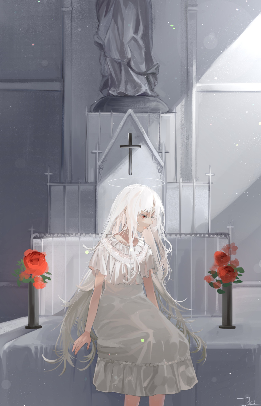 1girl, absurdres, altar, closed_mouth, colored_eyelashes, cross, dress, expressionless