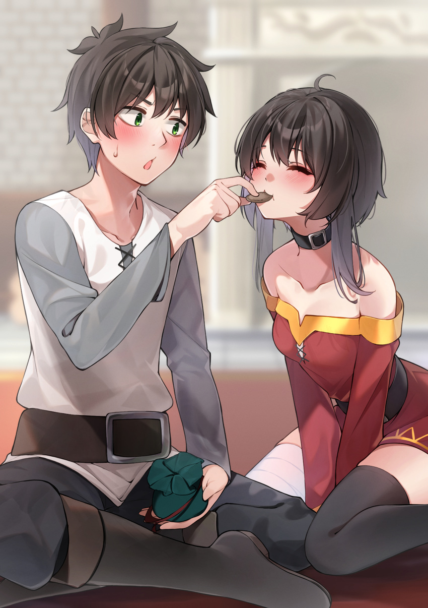 1boy, 1girl, :t, ^_^, absurdres, arms_between_legs, asymmetrical_legwear, bandaged_leg, bandages, bare_shoulders, belt, black_belt, black_choker, black_footwear, black_hair, black_thighhighs, blurry, blurry_background, blush, breasts, chestnut_mouth, choker, cleavage_cutout, closed_eyes, closed_mouth, clothing_cutout, commentary, cookie, couple, crossed_legs, double-parted_bangs, dress, eating, food, green_eyes, hair_between_eyes, happy, hetero, highres, holding, holding_cookie, holding_food, indoors, kono_subarashii_sekai_ni_shukufuku_wo!, leaning_forward, long_sleeves, looking_at_another, megumin, mismatched_legwear, red_dress, sarasara_shoyu, satou_kazuma, short_dress, short_hair, short_hair_with_long_locks, sidelocks, sitting, small_breasts, spiky_hair, sweatdrop, thigh-highs, thighs, v-shaped_eyebrows, wariza, white_day, wide_sleeves, zettai_ryouiki