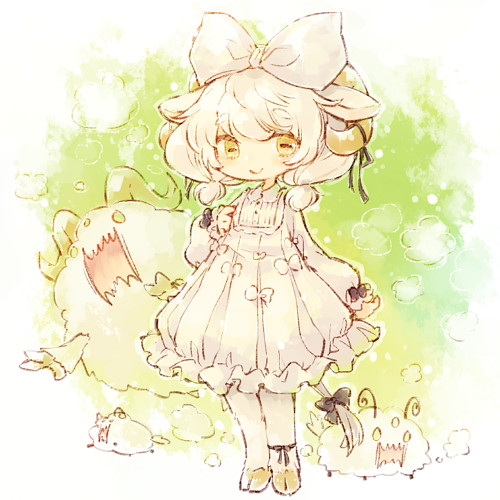 1girl, animal_ears, animal_feet, black_bow, black_ribbon, bow, buttons, chibi