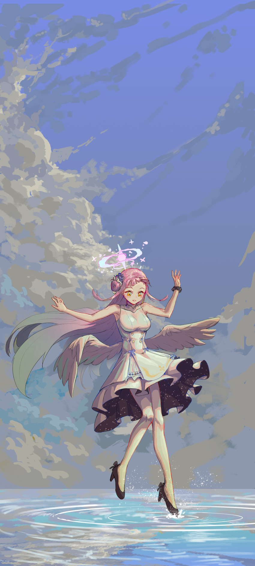1girl, absurdres, angel_wings, bananabeta, bare_shoulders, black_bow, black_footwear, black_scrunchie, blue_archive, blue_bow, blue_flower, blue_sky, bow, breasts, clouds, cloudy_sky, covered_collarbone, dress, feathered_wings, flower, footwear_bow, frilled_dress, frilled_ribbon, frills, gradient_hair, hair_bun, hair_flower, hair_ornament, hair_ribbon, halo, high_heels, highres, knees, large_breasts, legs, long_hair, looking_down, low_wings, mika_(blue_archive), multicolored_hair, pantyhose, pink_hair, pink_halo, pumps, raised_eyebrows, reflection, reflective_water, ribbon, scenery, scrunchie, single_side_bun, sky, sleeveless, sleeveless_dress, smile, solo, splashing, starry_sky_print, tiptoes, underbust, very_long_hair, water, white_dress, white_pantyhose, white_ribbon, white_wings, wings, wrist_scrunchie, yellow_eyes