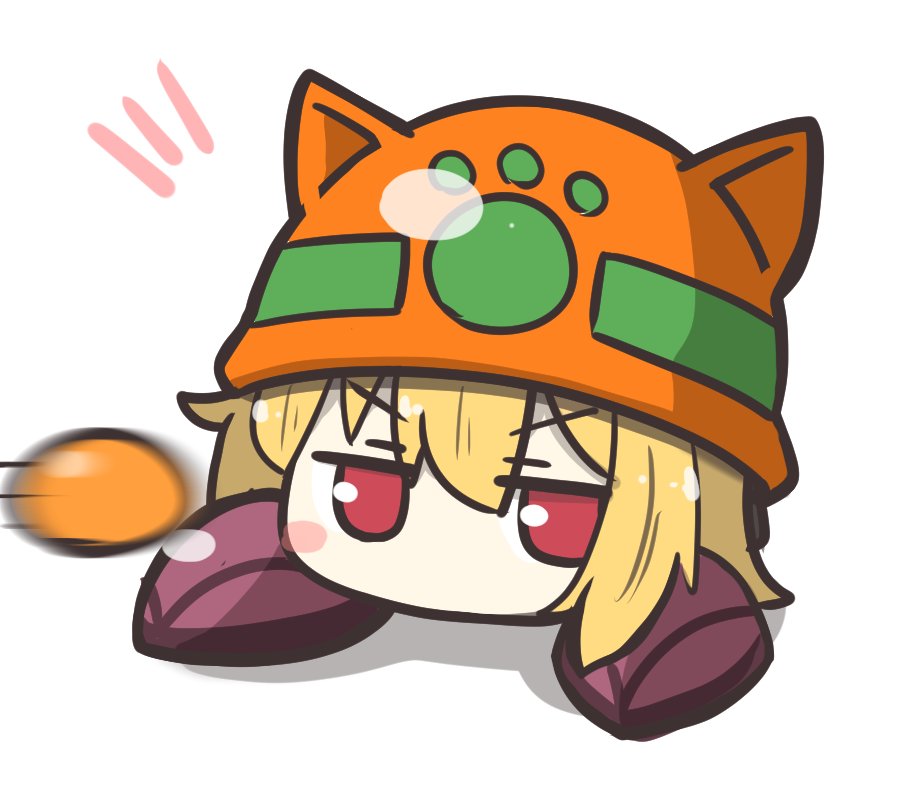 1girl, animal_ears, blonde_hair, borrowed_character, brown_footwear, copyright_request, fox_ears, fox_girl, helmet, kemomimi-chan_(naga_u), looking_at_viewer, mega_man_(series), met_(mega_man), no_mouth, no_torso, original, short_hair, simple_background, solo, uni_souchou, v-shaped_eyebrows, white_background