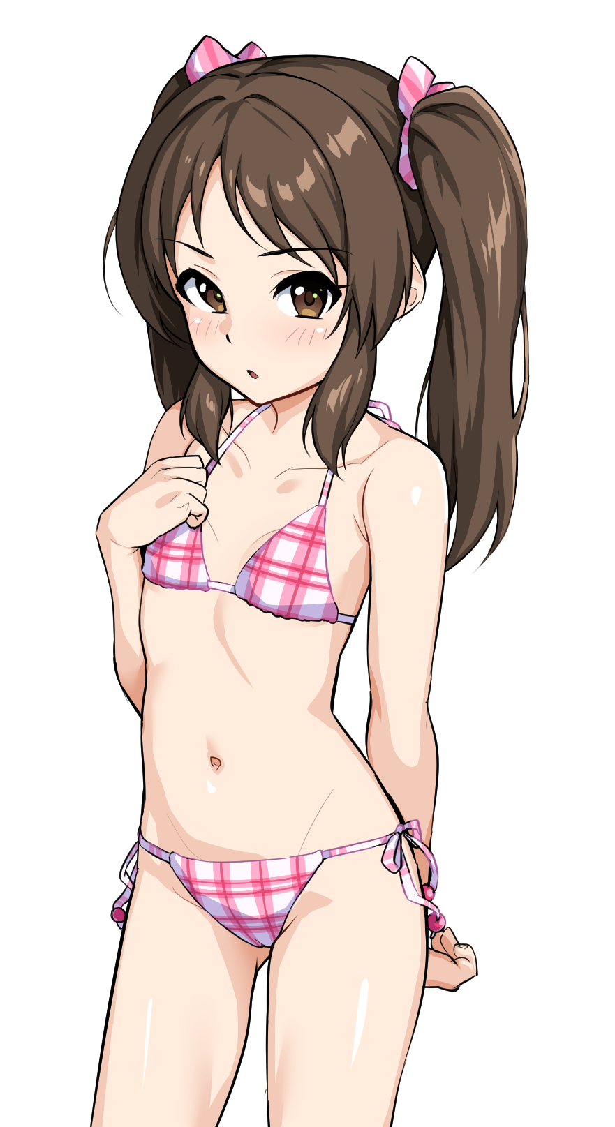 1girl, alternate_hairstyle, bikini, blush, breasts, brown_eyes, brown_hair, checkered_bikini, checkered_clothes, clenched_hand, collarbone, commentary, cowboy_shot, female_child, hadacra, hair_ribbon, hand_up, highres, idolmaster, idolmaster_cinderella_girls, long_hair, looking_at_viewer, navel, parted_lips, pink_bikini, pink_ribbon, plaid, plaid_bikini, ribbon, side-tie_bikini_bottom, sidelocks, small_breasts, solo, stomach, string_bikini, swimsuit, tachibana_arisu, thighs, twintails, white_background