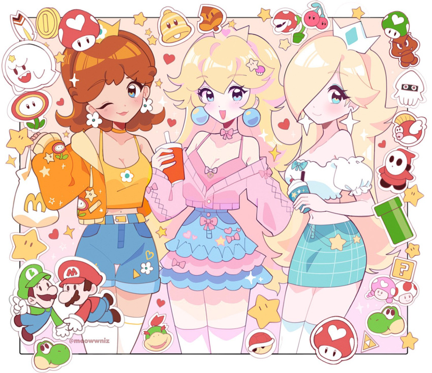1-up_mushroom, 3girls, artist_name, blonde_hair, blopper, blue_eyes, boo_(mario), bowser_jr.