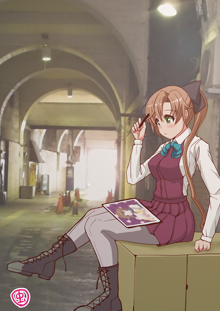 1girl, akigumo_(kancolle), aqua_bow, aqua_bowtie, boots, bow, bowtie, box