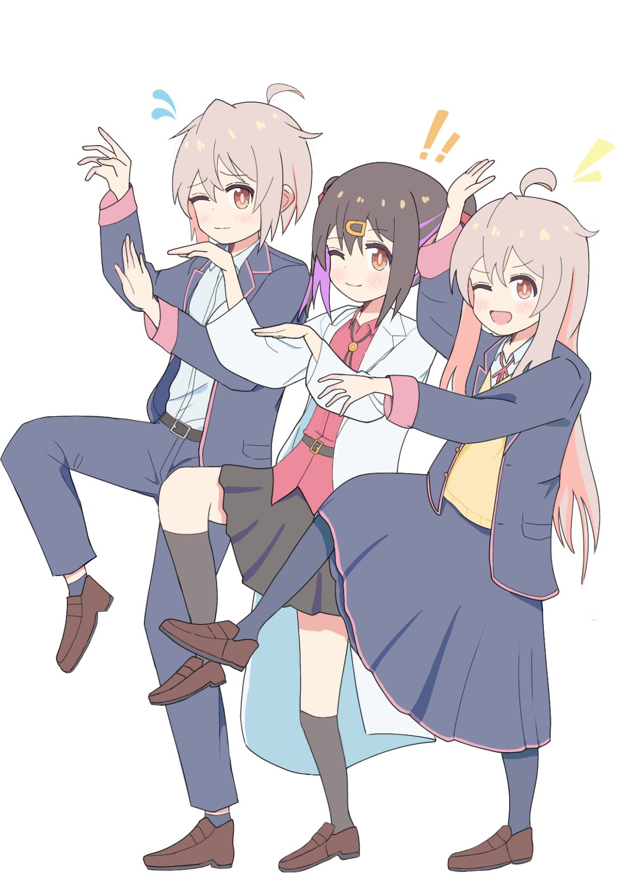 1boy, 2girls, ahoge, black_hair, brother_and_sister, hair_ornament, highres, jacket