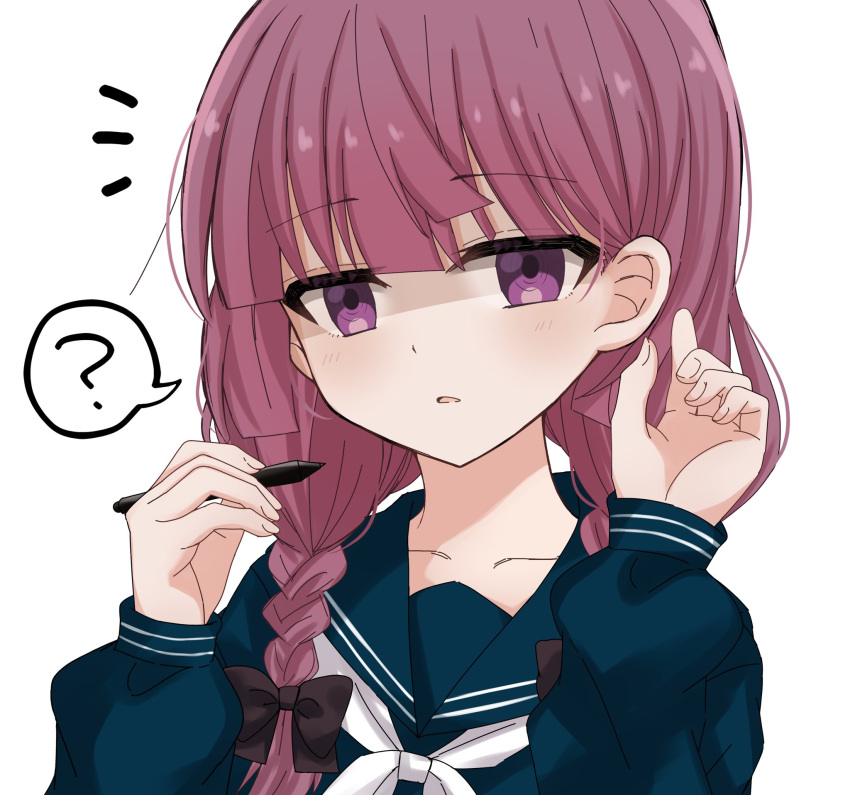 1girl, ?, black_bow, blue_sailor_collar, blue_shirt, blunt_bangs, bocchi_the_rock!, bow