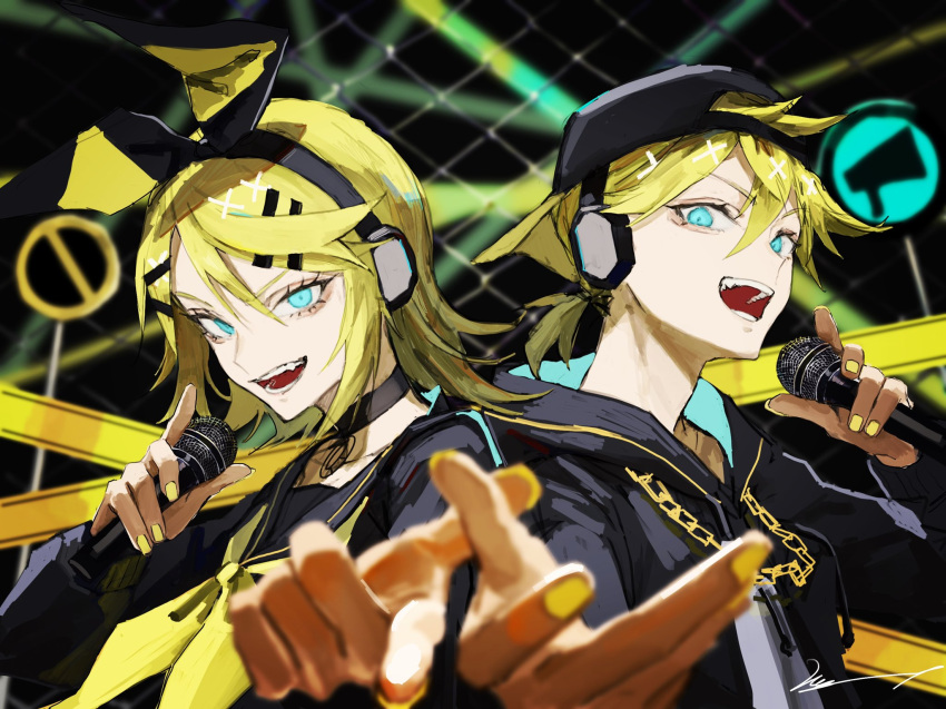 1boy, 1girl, aqua_eyes, backwards_hat, blonde_hair, blurry, blurry_background, caution_tape