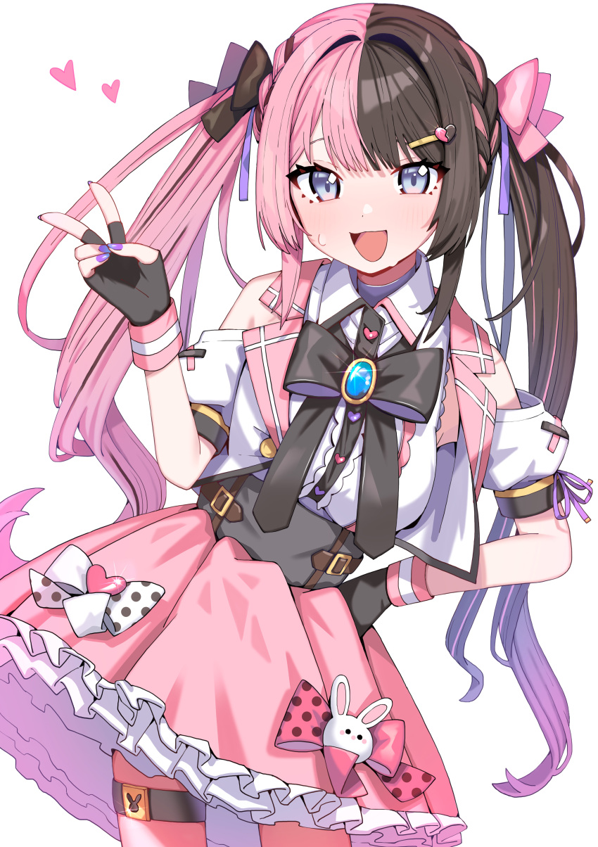 1girl, :d, absurdres, black_bow, black_bowtie, black_gloves, black_hair, blue_eyes, bow, bowtie, commentary_request, fingerless_gloves, fingernails, gloves, hair_bow, hair_ornament, hairclip, hand_on_own_hip, heart, highres, long_hair, looking_at_viewer, morumoru_x, multicolored_hair, nail_polish, open_mouth, pink_bow, pink_hair, pink_skirt, purple_nails, simple_background, skirt, smile, solo, sweatdrop, tachibana_hinano_(vtuber), twintails, two-tone_hair, v, virtual_youtuber, vspo!, white_background