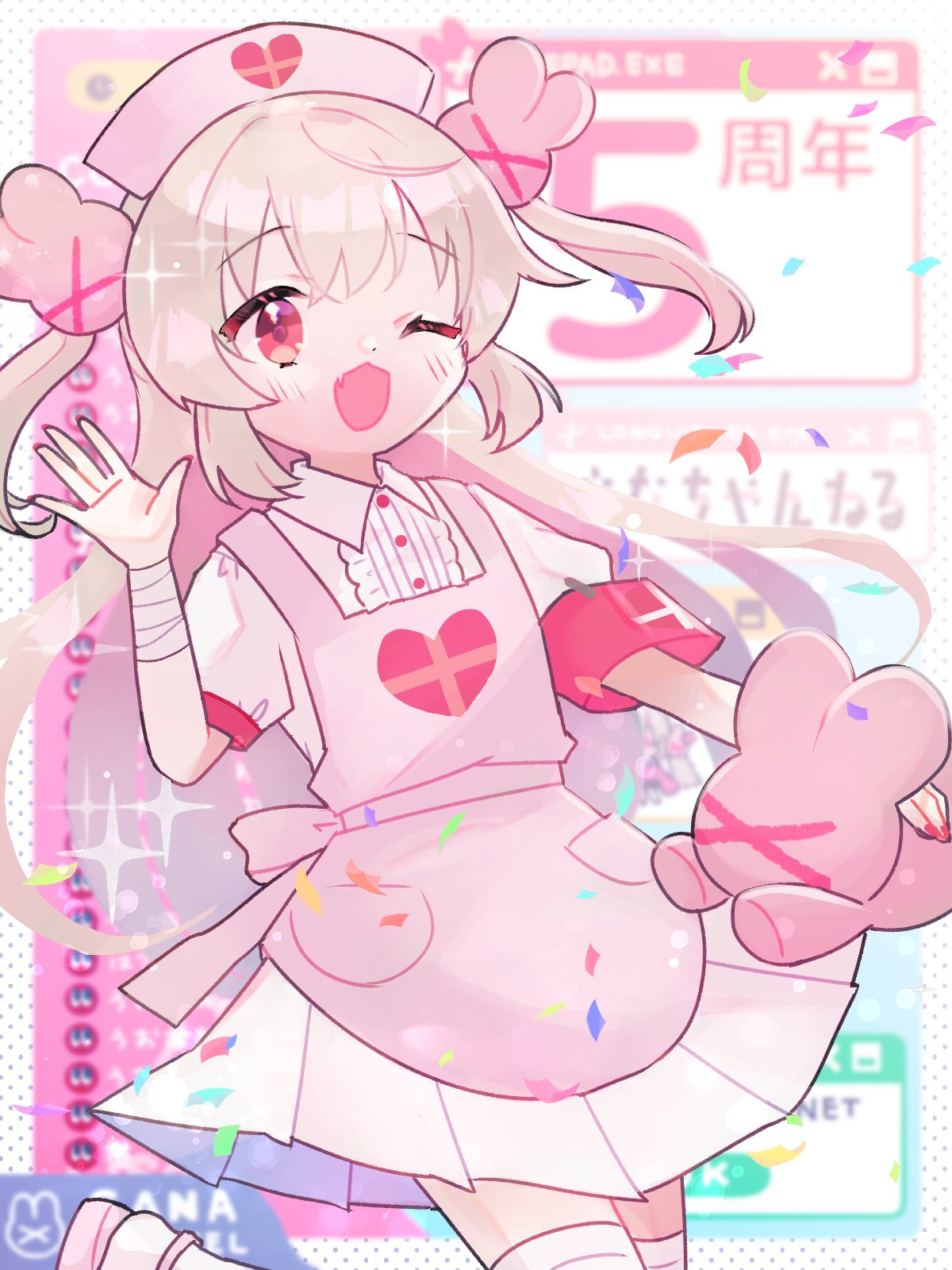 >_<, 1girl, anniversary, apron, armband, bandaged_arm, bandages, center_frills, fang, frills, hair_ornament, hat, highres, kurumi_sumire, long_hair, looking_at_viewer, natori_sana, nurse_cap, one_eye_closed, open_mouth, pink_apron, pink_headwear, puffy_short_sleeves, puffy_sleeves, rabbit_hair_ornament, red_eyes, sana_channel, short_sleeves, smile, solo, standing, stuffed_animal, stuffed_rabbit, stuffed_toy, two_side_up, virtual_youtuber