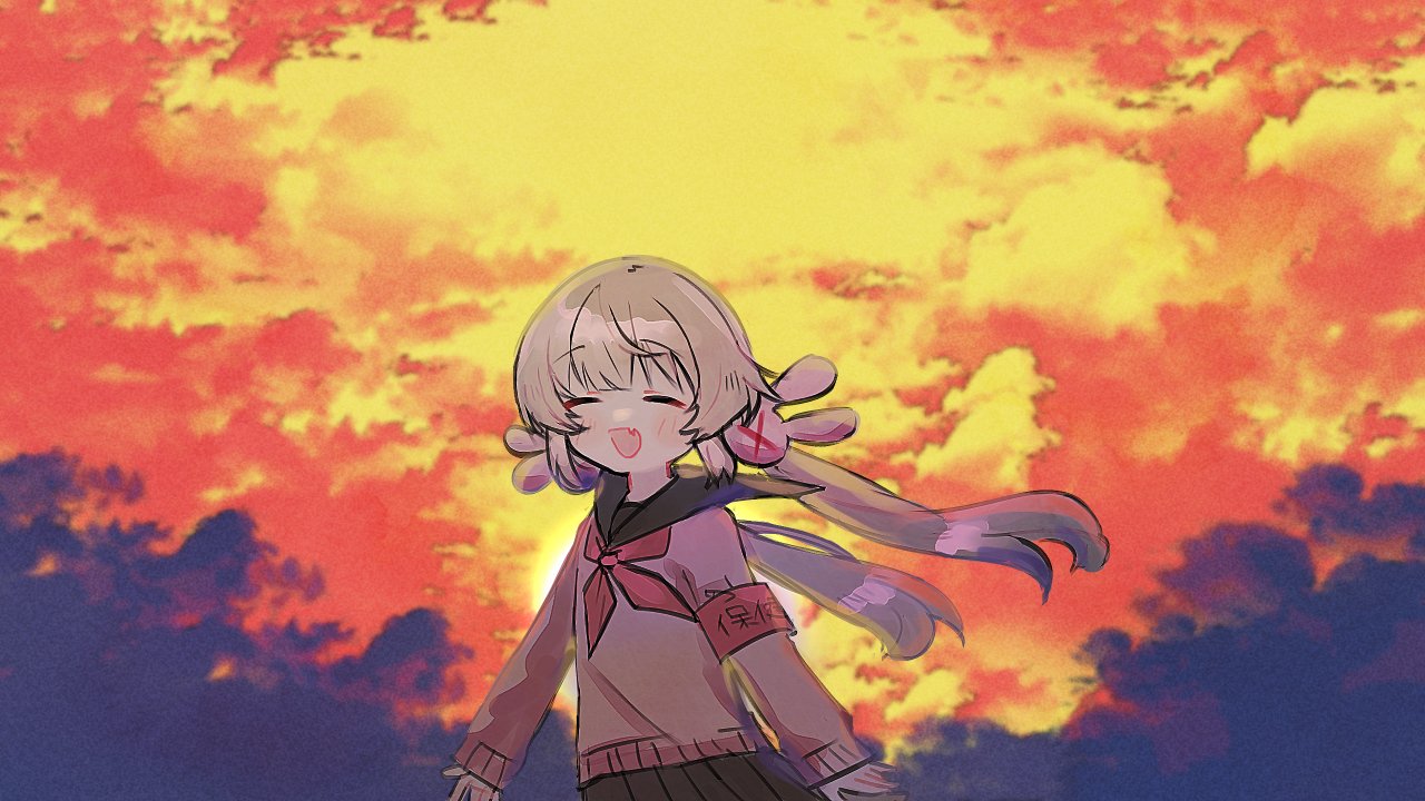 1girl, :d, armband, blush, closed_eyes, clouds, facing_viewer, hair_ornament