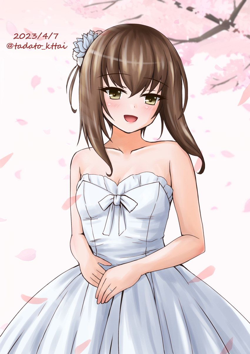 1girl, absurdres, alternate_costume, bare_shoulders, bob_cut, branch, breasts, brown_eyes