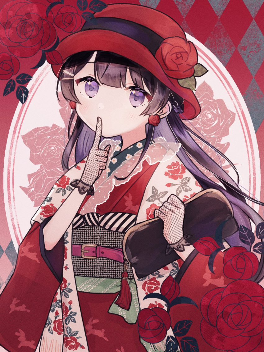 1girl, bag, belt, black_hair, blunt_bangs, earrings, finger_to_mouth, floral_print