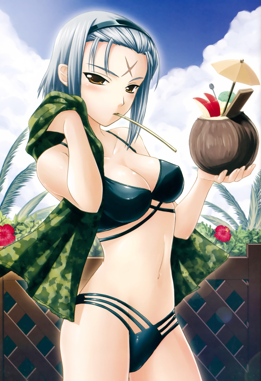 bikini, blue_hair, brown_eyes, camouflage, coconut, facial_mark, fence, forehead_mark