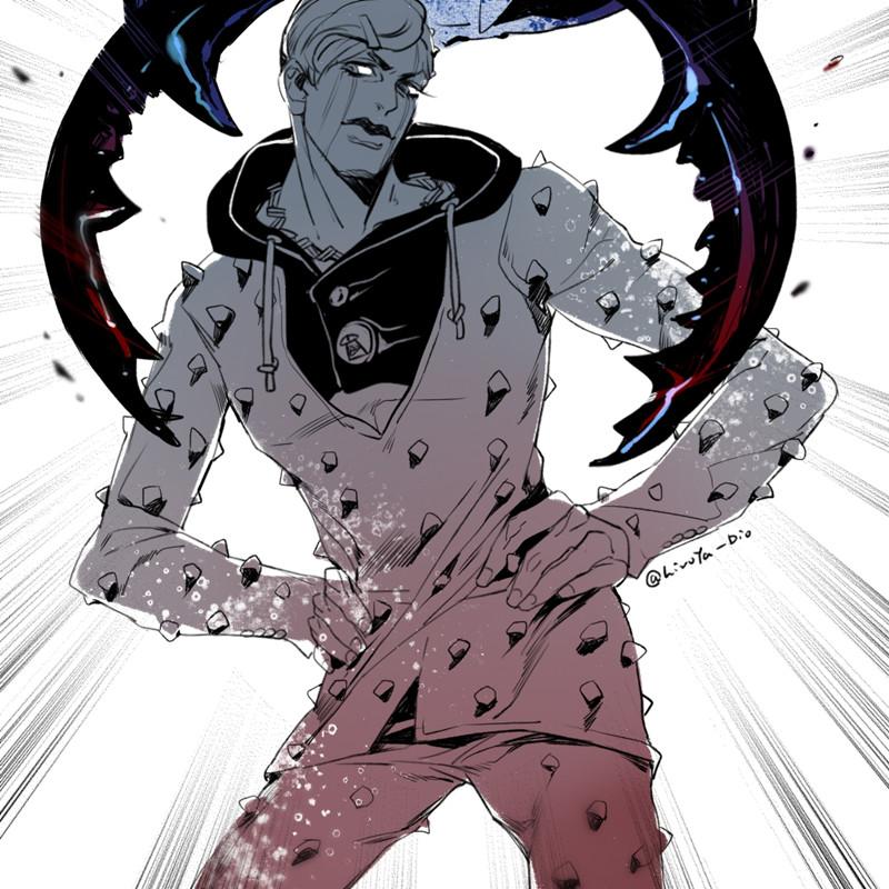 1boy, beetle, bug, facial_mark, hair_ornament, hairclip, hands_on_own_hips, hatoyama_itsuru, higashikata_jobin, hood, hoodie, jojo_no_kimyou_na_bouken, jojolion, male_focus, monochrome, motion_lines, solo, spiked_pants, spiked_shirt, spikes, stag_beetle