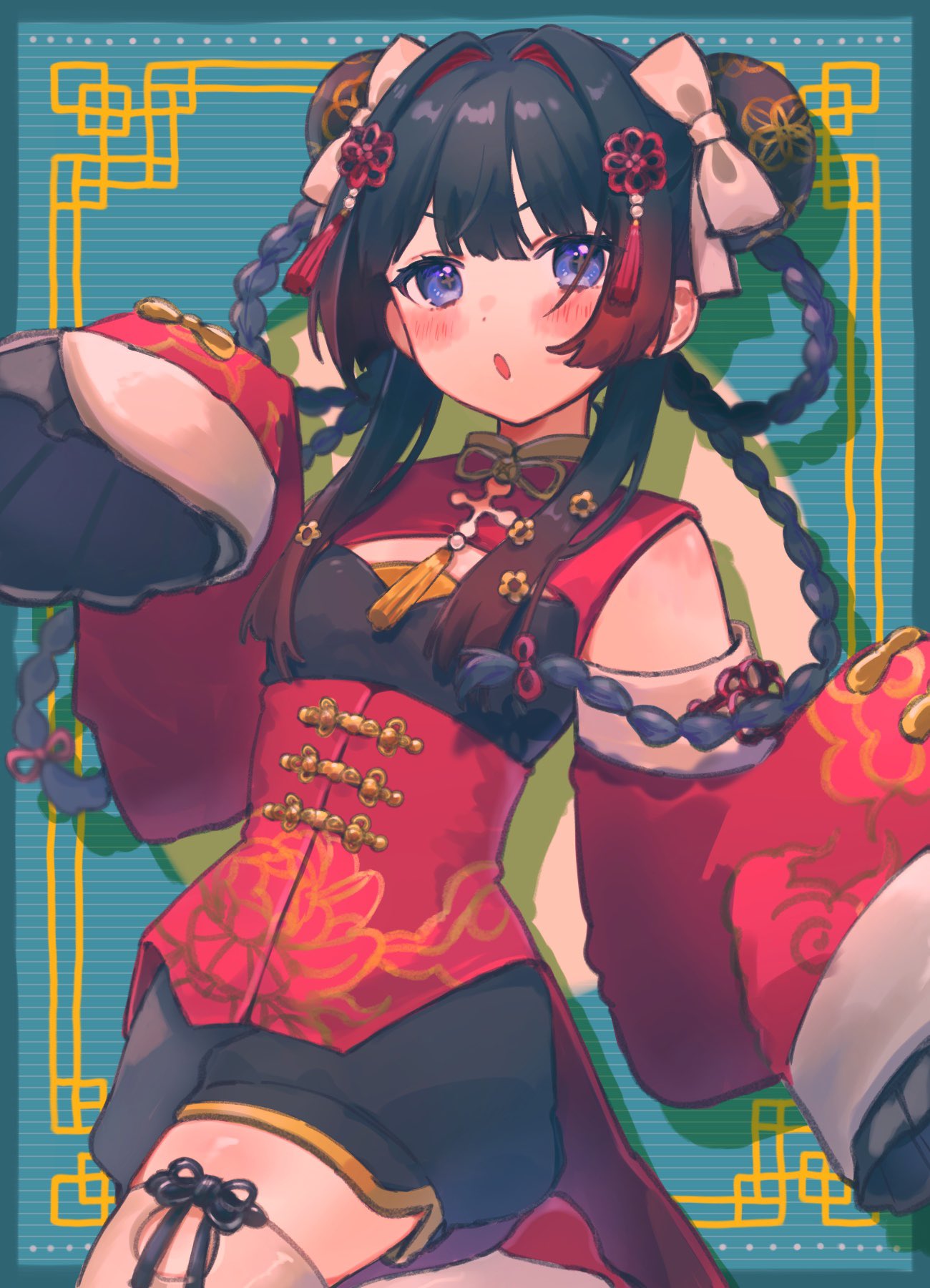 1girl, black_hair, black_shorts, blush, bow, braid, chinese_clothes, cloud_print, detached_sleeves, double_bun, dress, floral_print, gradient_hair, hair_bun, hair_rings, highres, long_hair, long_sleeves, looking_at_viewer, multicolored_hair, nijisanji, official_alternate_costume, open_mouth, red_dress, redhead, shorts, sleeves_past_fingers, sleeves_past_wrists, solo, standing, tsukino_mito, twin_braids, uminokaisen, violet_eyes, virtual_youtuber, white_bow, wide_sleeves