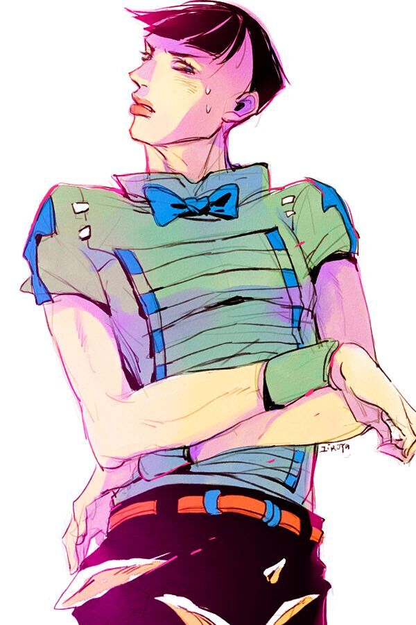 1boy, anus_cutout, balding, black_hair, blunt_bangs, bow, bowtie, crossed_arms