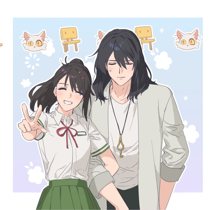 1boy, 1girl, black_hair, breasts, brown_hair, cat, chair, closed_eyes