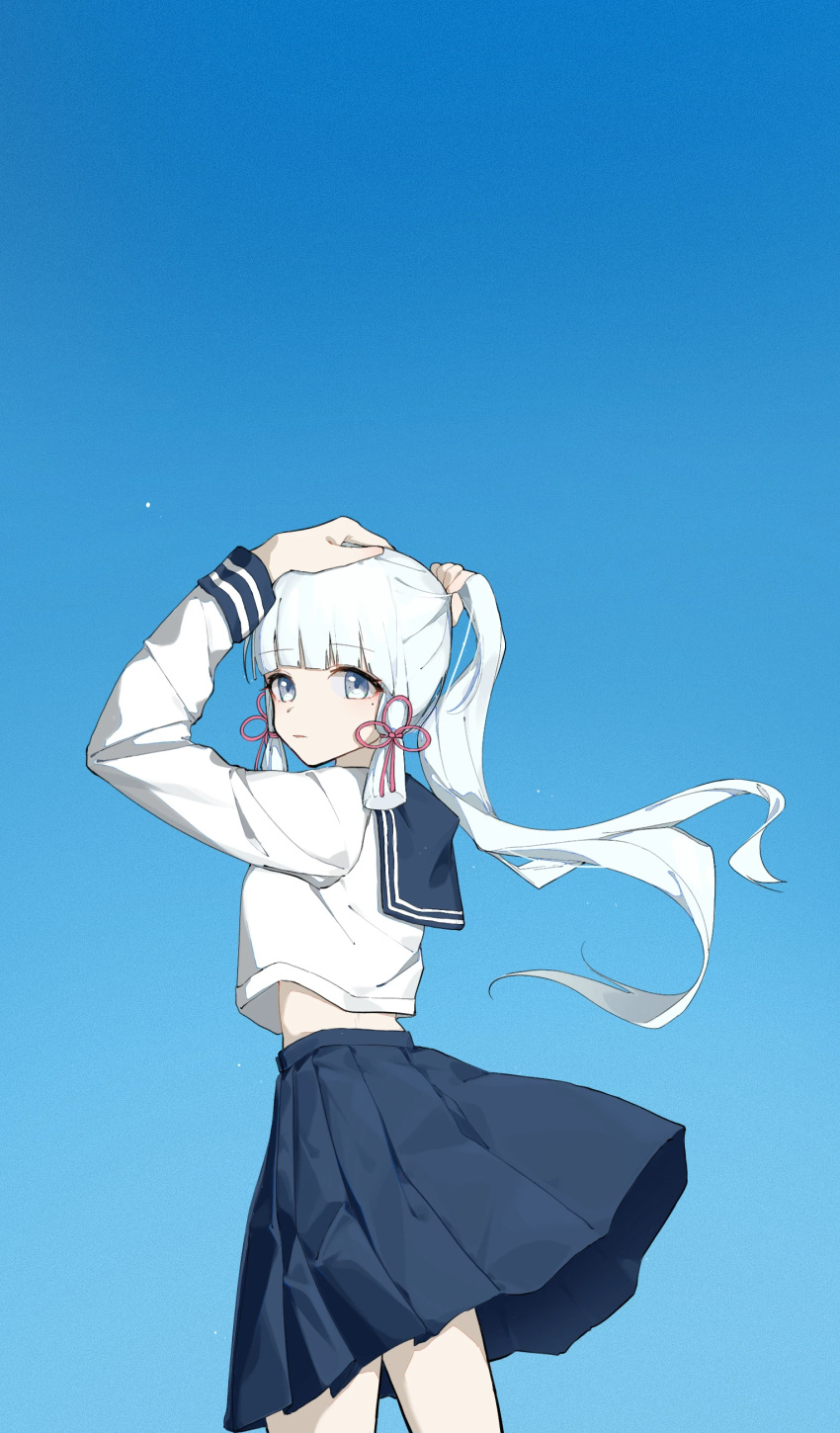1girl, absurdres, arms_up, blue_background, blue_eyes, blue_skirt, blunt_bangs, blunt_tresses