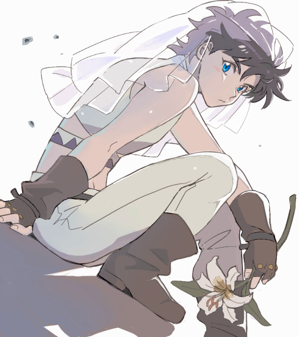 1boy, alternate_color, battle_tendency, blue_eyes, bridal_veil, brown_hair, crop_top, fingerless_gloves