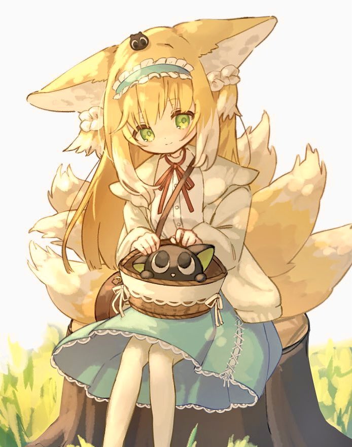 1girl, animal_ears, arknights, bag, basket, black_cat, blonde_hair, blue_hairband