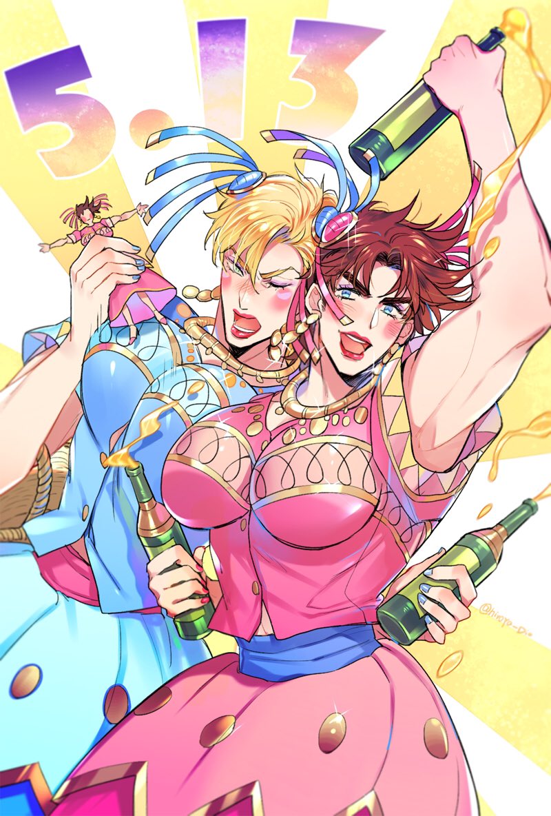 2boys, battle_tendency, blonde_hair, blue_dress, blue_eyes, bottle, breast_padding, brown_hair, character_doll, crossdressing, dated, derivative_work, dress, earrings, facial_mark, green_eyes, hair_ornament, hatoyama_itsuru, holding, holding_bottle, jewelry, jojo_no_kimyou_na_bouken, joseph_joestar, joseph_joestar_(tequila), lipstick, makeup, male_focus, manga_panel_redraw, multiple_boys, muscular, muscular_male, wince