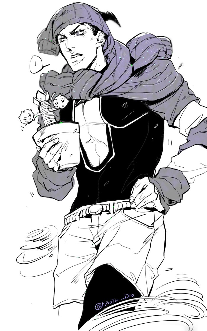 1boy, dainenjiyama_aisho, doobie_wah!, hand_on_own_hip, hat, hatoyama_itsuru, holding, holding_plant