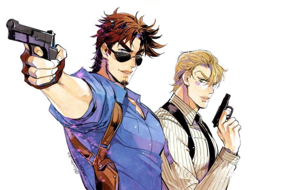 2boys, alternate_hairstyle, arm_holster, battle_tendency, beard, blonde_hair, blue_eyes, blue_shirt, brown_hair, caesar_anthonio_zeppeli, facial_hair, facial_mark, fingerless_gloves, gloves, green_eyes, gun, handgun, hatoyama_itsuru, jojo_no_kimyou_na_bouken, joseph_joestar, joseph_joestar_(young), male_focus, multiple_boys, pectorals, pinstripe_pattern, pinstripe_shirt, shirt, striped, stubble, sunglasses, weapon