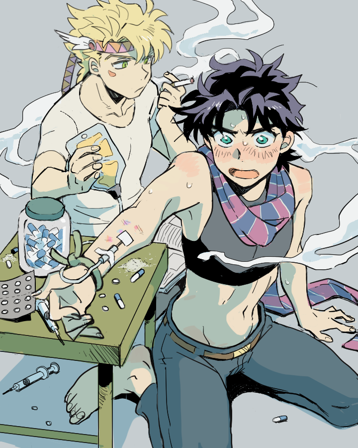 2boys, barefoot, battle_tendency, black_hair, blonde_hair, blood, blood_bag, blush, book, bruise, cigarette, crop_top, denim, green_eyes, headband, injury, intravenous_drip, iv_stand, jars, jeans, jojo_no_kimyou_na_bouken, joseph_joestar, joseph_joestar_(young), kirikabu-yume, kneeling, male_focus, midriff, multiple_boys, pants, pill, reading, scarf, smoking, striped, striped_scarf, sweat, triangle_print