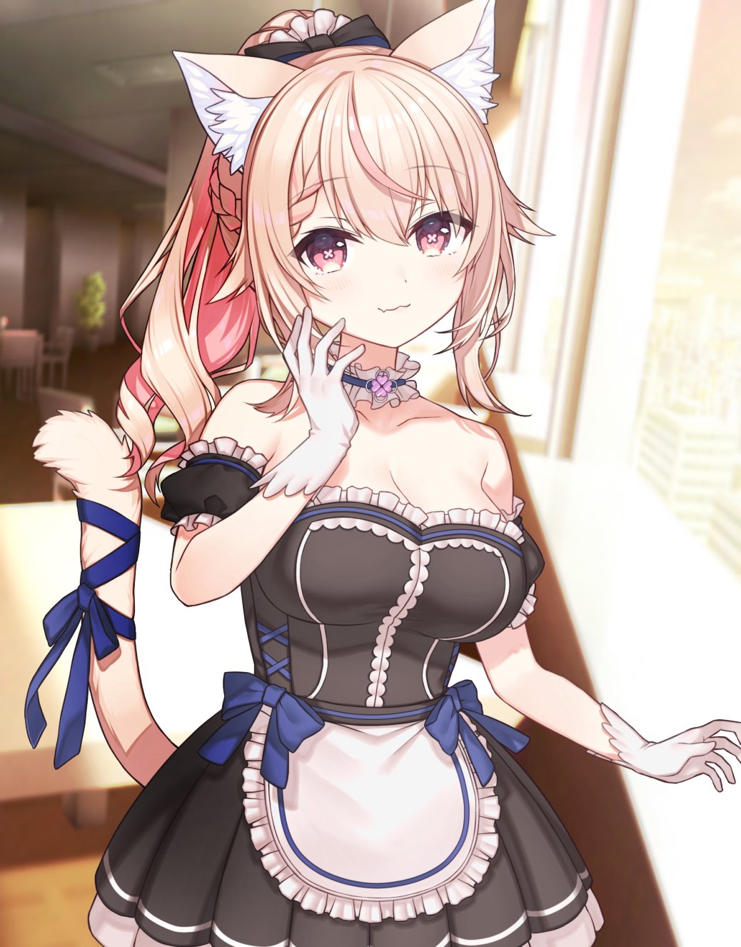 1girl, amai_hiyo, animal_ears, apron, armband, black_dress, breasts, cat_ears, cat_girl, cat_tail, closed_mouth, dress, ekakibito, gloves, highres, indie_virtual_youtuber, indoors, large_breasts, long_hair, looking_at_viewer, maid, maid_apron, pink_eyes, pink_hair, ponytail, ribbon, smile, solo, symbol-shaped_pupils, tail, tail_ornament, tail_ribbon, virtual_youtuber