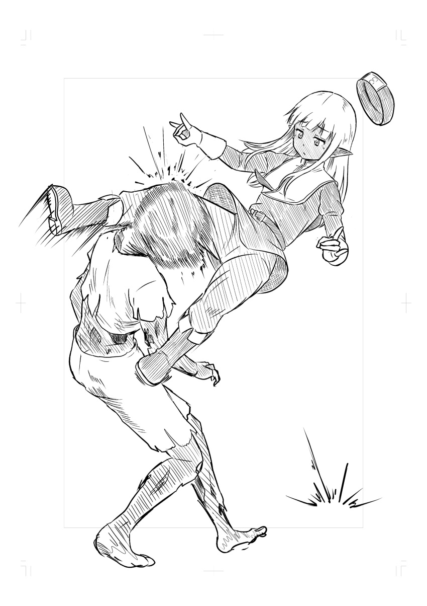 1boy, 1girl, absurdres, afterimage, dark_elf, elf, fox_shadow_puppet, greyscale