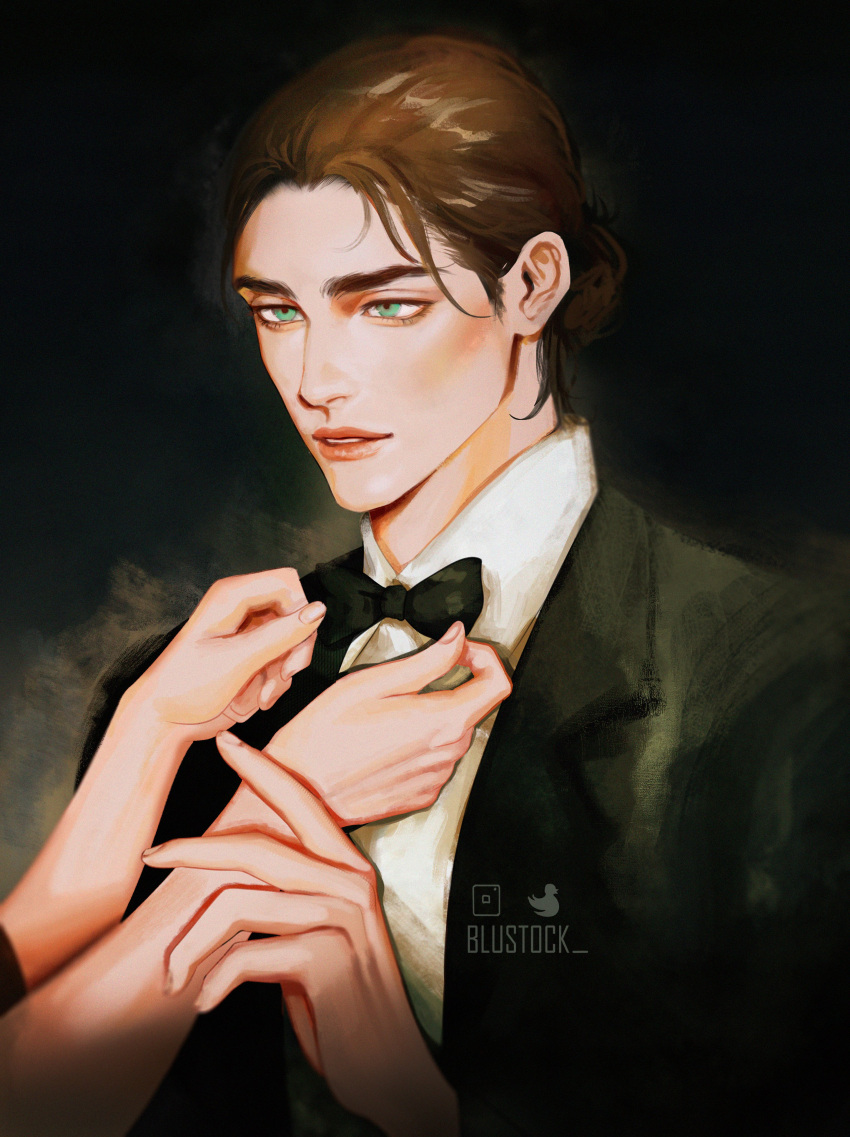 1boy, 1other, absurdres, adjusting_bowtie, adjusting_clothes, artist_name, black_bow, black_bowtie