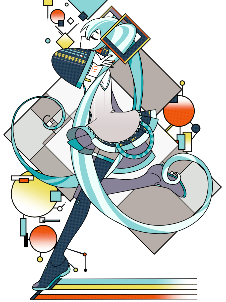 1girl, abstract, aqua_hair, arm_up, black_footwear, black_skirt, black_sleeves, boots