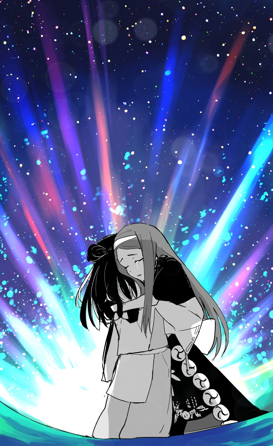 1boy, 1girl, back_bow, bow, chacha_(fate), closed_eyes, crying, dress