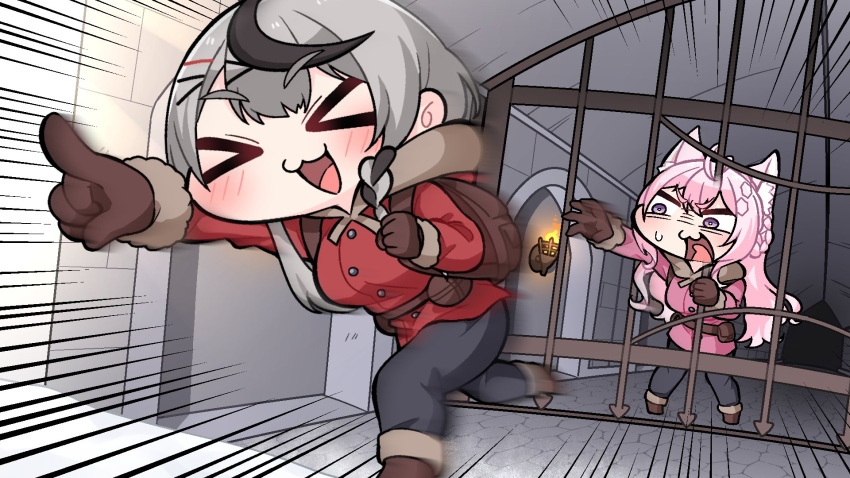 >_<, 2girls, :3, ahoge, animal_ears, backpack, bag, black_hair, black_pants, boots, braid, breasts, brown_gloves, closed_eyes, coat, commentary_request, fur-trimmed_jacket, fur_trim, gate, gloves, grey_hair, hair_bun, hair_ornament, hairpin, hakui_koyori, hexagon_hair_ornament, highres, hololive, hood, hood_down, hooded_jacket, jacket, komainu_channel, large_breasts, motion_blur, multicolored_hair, multiple_girls, open_mouth, pants, pink_hair, pink_jacket, pointing, reaching, red_jacket, running, sakamata_chloe, side_braid, speed_lines, sweatdrop, tongue, two-tone_hair, violet_eyes, virtual_youtuber, we_were_here_(series), we_were_here_too, winter_clothes, winter_coat, wolf_ears, wolf_girl