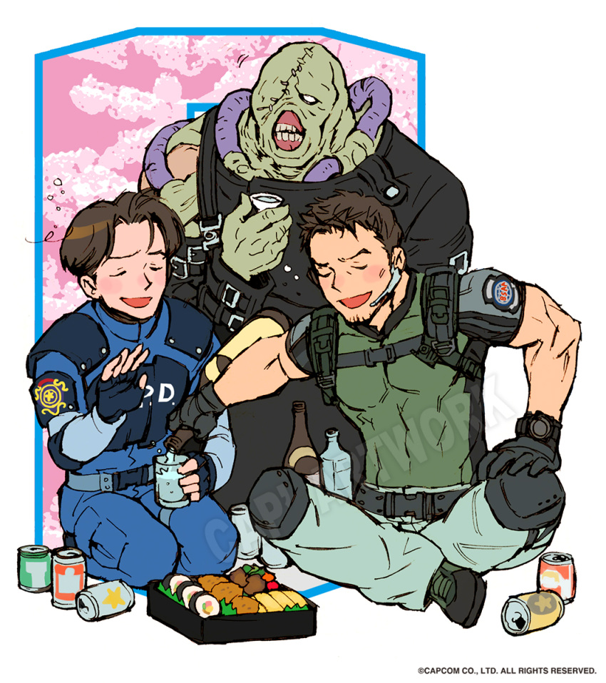 3boys, abs, belt, bento, blue_pants, bottle, brown_hair, capcom