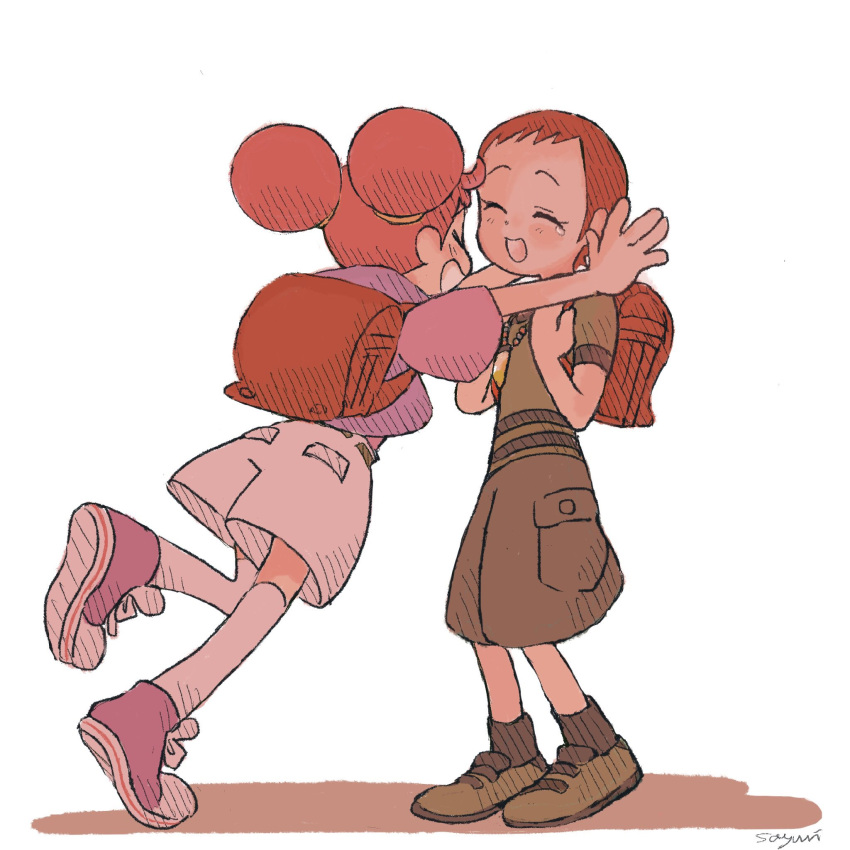 2girls, :d, backpack, bag, blush, brown_footwear, closed_eyes, double_bun, full_body, hair_bun, harukaze_doremi, highres, hug, multiple_girls, nagato_kayoko, ojamajo_doremi, open_mouth, pants, red_bag, redhead, sasai_sayuri, shirt, shoes, short_hair, short_sleeves, shorts, simple_background, smile, sneakers, socks, standing, tears, white_background, white_shorts