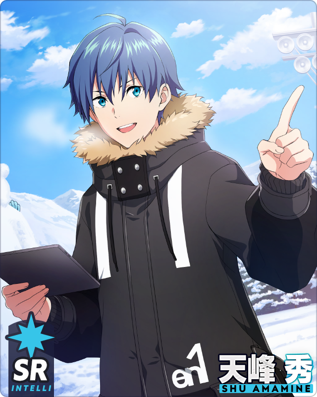 1boy, ahoge, amamine_shu, black_coat, blue_eyes, blue_hair, blue_sky, card_(medium), character_name, clouds, coat, fingernails, hair_between_eyes, holding, idolmaster, idolmaster_side-m, idolmaster_side-m_growing_stars, long_sleeves, male_focus, official_art, open_mouth, pointing, sky, snow, teeth, upper_teeth_only