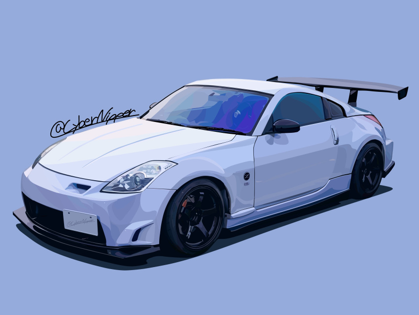 absurdres, blue_background, car, cybernipper, highres, motor_vehicle, nissan, nissan_350z, nissan_fairlady_z, no_humans, original, shadow, simple_background, spoiler_(automobile), sports_car, twitter_username, vehicle_focus