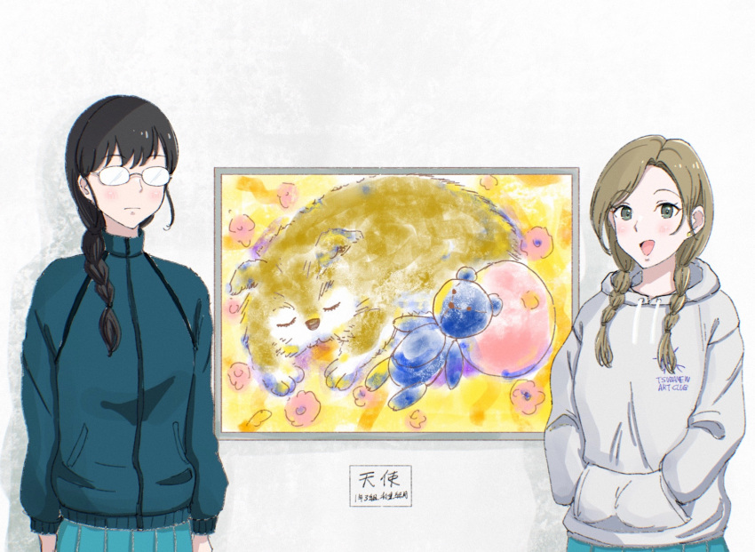 :d, blue_skirt, blush, braid, facing_viewer, glasses, grey_hoodie, hands_in_pockets