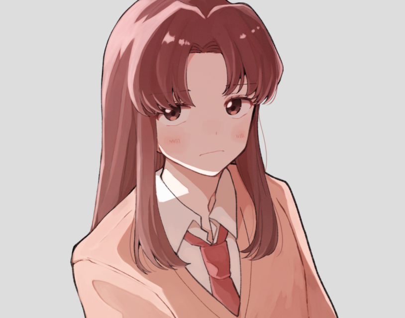 1girl, blush, brown_eyes, brown_hair, egashira_mika, long_hair, looking_at_viewer, necktie