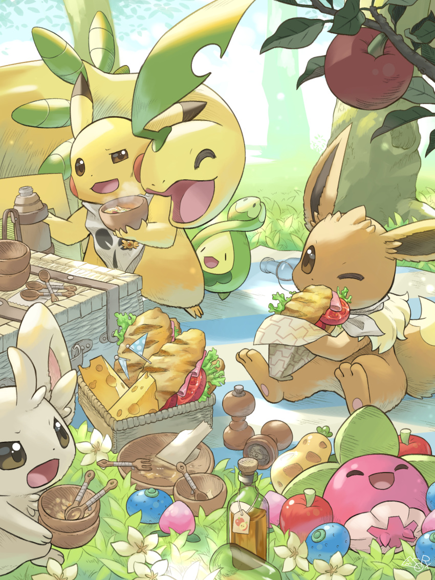 absurdres, apple, bayleef, berry_(pokemon), blanket, bottle, bounsweet, bowl, branch, budew, cheek-to-cheek, cheese, closed_eyes, eevee, food, fruit, fushigi_no_dungeon, hakkentai_pokedan, heads_together, highres, holding, holding_bowl, holding_food, iapapa_berry, leaf, lying, minccino, napkin, on_back, on_grass, one_eye_closed, open_mouth, oran_berry, outdoors, pecha_berry, pepper_mill, picnic_basket, pikachu, pokemon, pokemon_(creature), pokemon_(game), pokemon_mystery_dungeon, sandwich, scarf, smile, squinting, tree, v-shaped_eyes, wooden_bowl, wooden_spoon