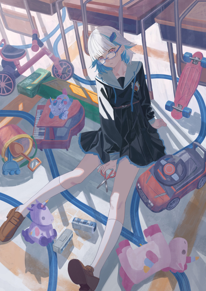 1girl, absurdres, black_serafuku, blue-framed_eyewear, blue_hair, blunt_bangs, brown_footwear, bucket, chair, classroom, colored_inner_hair, desk, highres, instrument, kneehighs, lize_helesta, loafers, long_sleeves, looking_at_viewer, mini_piano, multicolored_hair, neck_ribbon, nijisanji, nishinodashi, piano, red_eyes, ribbon, sailor_collar, school_uniform, scissors, serafuku, shoes, short_hair, sitting, skateboard, socks, solo, stuffed_toy, toy_car, toy_train, tricycle, unicorn, virtual_youtuber, white_hair, white_sailor_collar, white_socks