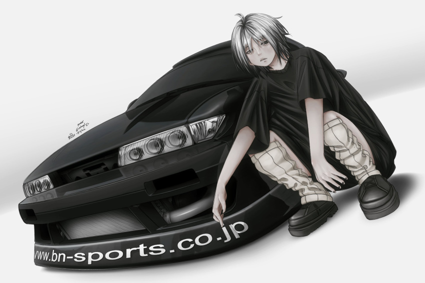 1boy, black_eyes, black_footwear, black_hair, black_shirt, black_shorts, boots, car