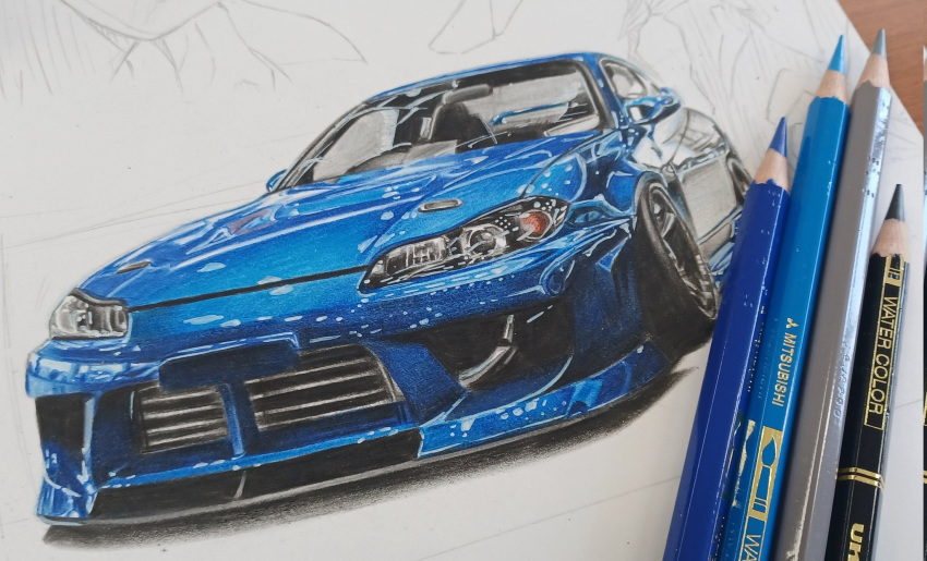 art_tools_in_frame, blue_car, car, colored_pencil_(medium), highres, motor_vehicle, nissan, nissan_s15_silvia