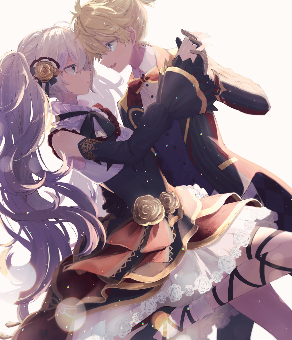 1boy, 1girl, 25-ji_miku, 25-ji_nightcord_de._(project_sekai), black_gloves, black_ribbon, blonde_hair, blue_eyes