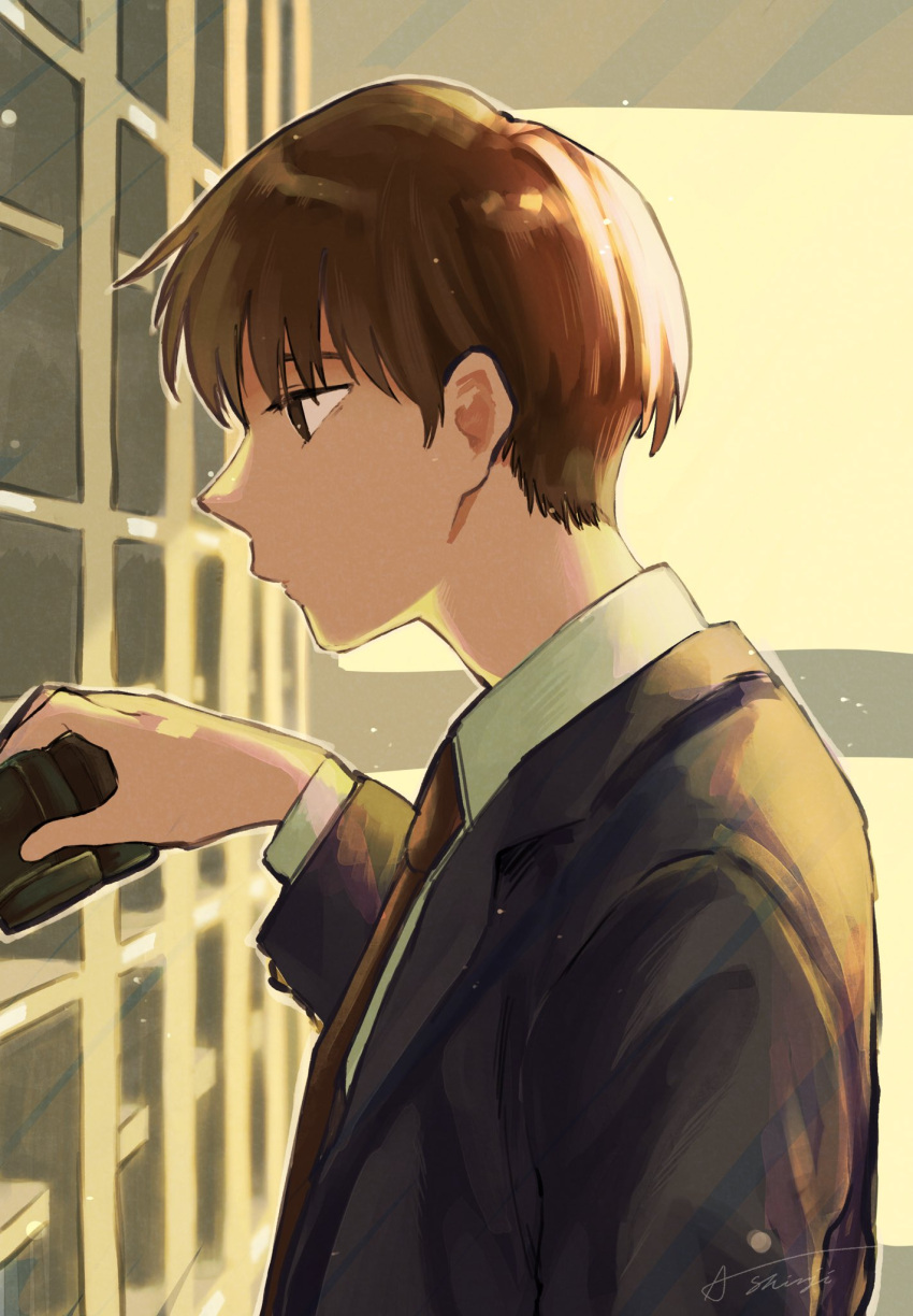 1boy, amane_shinji, black_jacket, blazer, brown_eyes, brown_hair, brown_necktie, highres